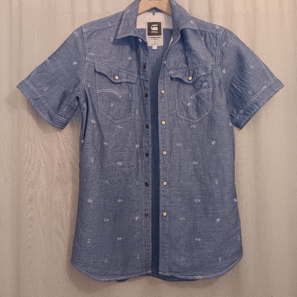 G STAR RAW Arc 3D S Blue Pearl Snap Western Linen/Cotton Logo Print Shirt Mens S